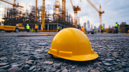 A yellow construction helmet lies on the ground in front of an unfinished building under construction
