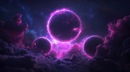 Glowing planetary spheres surrounded by cosmic clouds of vibrant colors