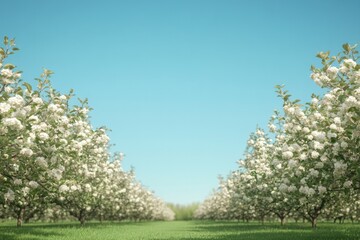 Obraz premium Blossoming trees create serene path under clear blue sky, inviti