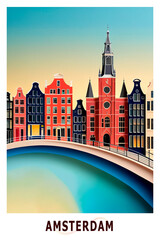 Fototapeta premium Amsterdam, Netherlands city poster in papercut, cut out style image. Layered creative skyline picture for travel booklet, postcard, print, cover with landmarks