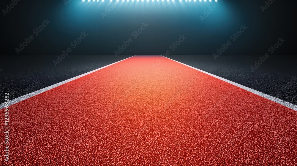 Poster red running track under bright lights in an empty stadium space