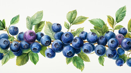 Bright, juicy blueberries burst with life on a gracefully arching branch, surrounded by lush green leaves. The careful arrangement captures the essence of summer's bounty in exquisite detail