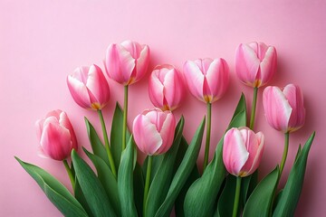 Fototapeta premium Elegant pink tulips arranged on a soft pastel background, perfect for spring celebrations like Mother's Day and Easter. Ideal for floral designs and greeting cards.