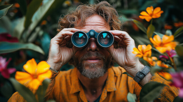 A man with curly hair and a beard observes nature closely using binoculars, surrounded by colorful flowers in full bloom, capturing the essence of exploration and curiosity
