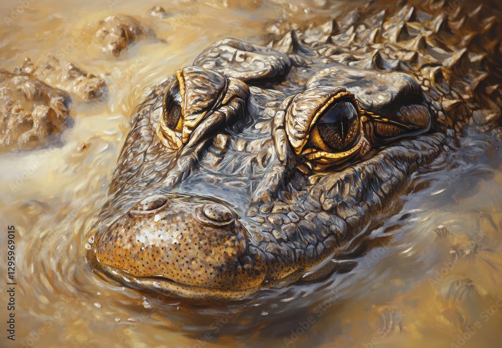 Poster close-up view of a crocodile head emerged in muddy water with distinctive features and textures high