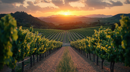 Naklejka premium As the sun gently sets over the rolling hills, vibrant grapevines stretch across the vineyard. Warm hues illuminate the landscape, creating a serene atmosphere perfect for evening strolls