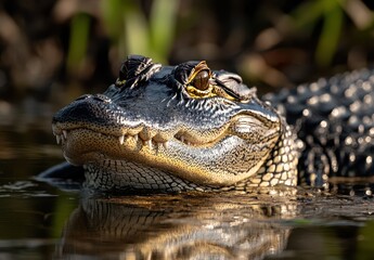Obraz premium Close-Up View of a Crocodile Head Emerging from Calm Water Surrounded by Lush Greenery in Natural Habitat