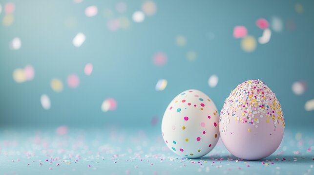 Sparkling confetti, pink and white Easter eggs adorned with festive decorations against a light blue background, perfect for holiday greeting cards, spring themes, and isolated product displays.