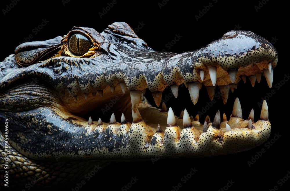 Poster close-up view of a crocodile head showcasing sharp teeth and intricate details against a dark backgr