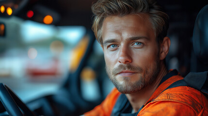 Obraz premium A confident individual sits in a vehicle, exuding focus and readiness. The warm lights of the city create a vibrant backdrop as twilight descends, enhancing the moment's intensity