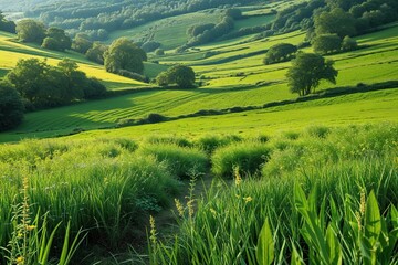 Obraz premium Lush Green Field Background Showcasing Stunning Meadow Scenery