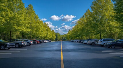 Fototapeta premium Sunny parking lot, trees, parking spaces, clear sky