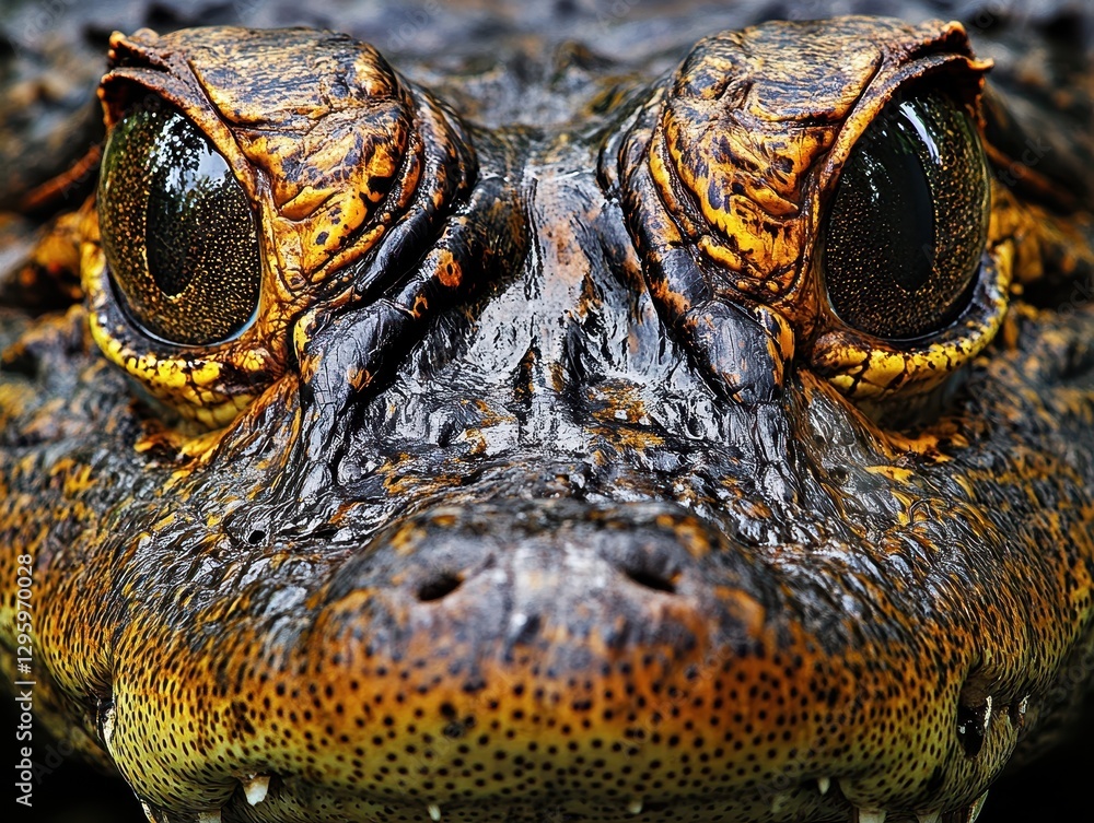 Poster close-up view of a crocodile head showing texture and detail in eyes and skin of the reptile in a na