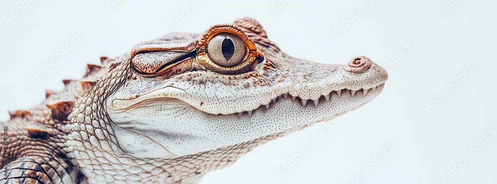Poster close-up view of a crocodile head with detailed textures and unique features against a soft backgrou