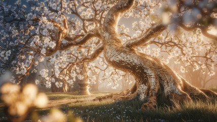 Majestic golden tree with a thick, textured trunk and gracefully spreading branches adorned with delicate white blossoms