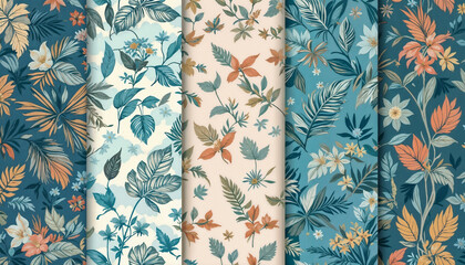 Retro hand-drawn tropical summer seamless pattern set featuring lush botanical elements with intricate floral and leaf designs