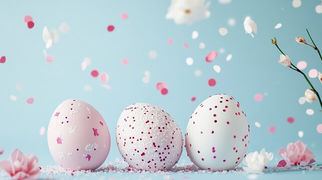Three pink and white Easter eggs are decorated on a light blue background, with shiny confetti, delicate flowers, and a soft defocusing effect, showcasing holiday decorations and elegant products.