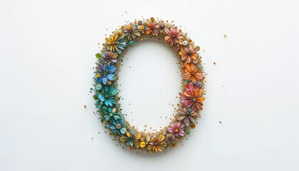 Floral letter O isolated on a white background, designed with colorful dried flowers arranged in a gradient from blue to orange