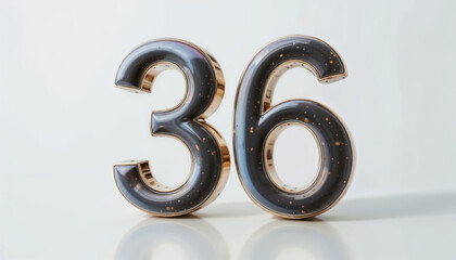 Elegant 3D-rendered number 36 with a metallic gold and black glossy finish, set against a clean white background