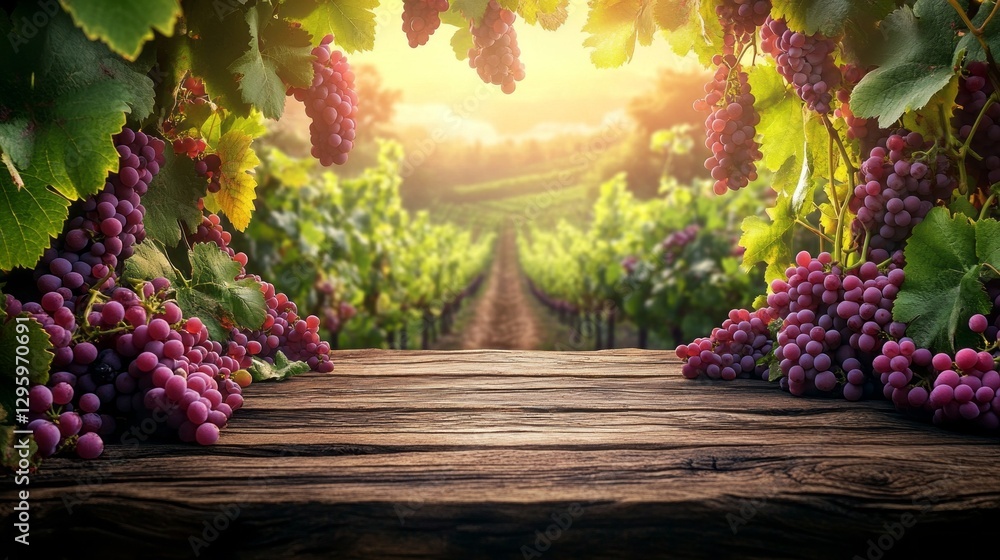 Poster Sunlight filters through grapevines in a serene vineyard, illuminating bunches of ripe grapes while casting gentle shadows on the rustic wooden table. The afternoon glow enhances the beauty