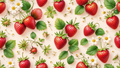 Spring-themed seamless pattern featuring vibrant red strawberries with lush green leaves and delicate white flowers on a soft beige background