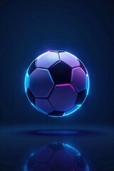 Obraz premium Glowing neon soccer ball suspended in mid-air over a deep blue background, blue background, abstract, illumination