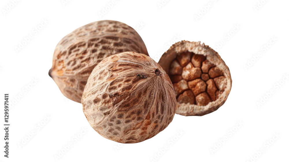 Poster decorticated nutmeg seeds showing intricate texture on transparent background
