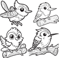 Charming Cartoon Bird Silhouettes - Black and White Avian Illustrations