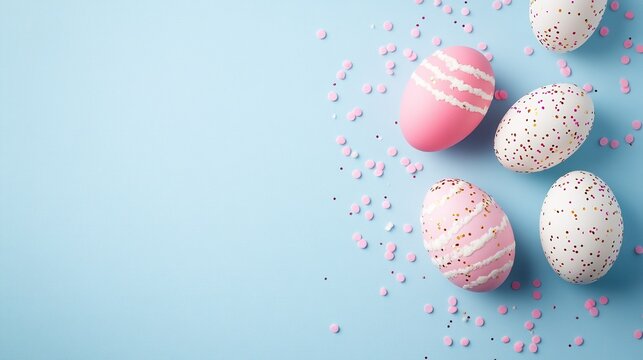 Sparkling confetti, pink and white Easter eggs adorned with festive decorations against a light blue background, perfect for holiday greeting cards, spring themes, and isolated product displays.