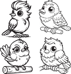 Charming Cartoon Bird Silhouettes - Black and White Avian Illustrations