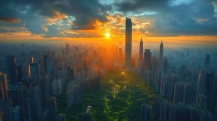 Sunrise over Asian Cityscape Park