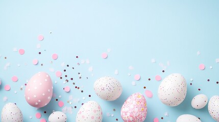 Sparkling confetti, pink and white Easter eggs adorned with festive decorations against a light blue background, perfect for holiday greeting cards, spring themes, and isolated product displays.