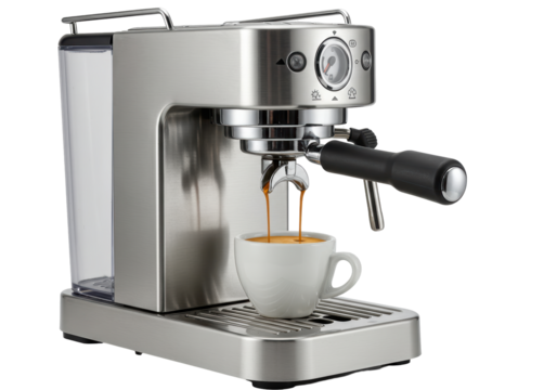 Isolated Silver Espresso Machine Dispensing Coffee into a Cup