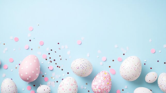 Sparkling confetti, pink and white Easter eggs adorned with festive decorations against a light blue background, perfect for holiday greeting cards, spring themes, and isolated product displays.
