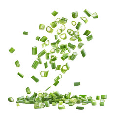 Falling green onion slices cut chives isolated on a transparent background