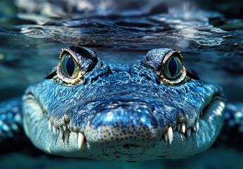 Fototapeta premium Close-up View of a Crocodile Underwater with Intense Eyes and Sharp Teeth Swimming in Clear Blue Water