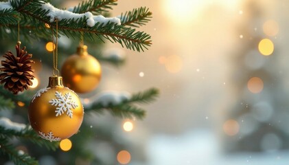Fototapeta premium Golden ornaments hanging from a branch on isolated background with snowflakes and pinecones , foliage, snowflakes, ornament