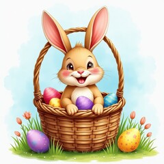 Easter Bunny's Basket of Colorful Eggs on Vibrant Green Grass and Flowers Against a Soft Blue Background. A cute rabbit sitting in a basket filled with colorful eggs.