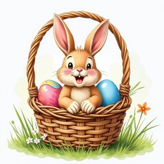 Easter Bunny Wicker Basket Display: Bright Eggs and Happy Fur Against White. A cute rabbit sitting in a wicker basket holding three colorful eggs.