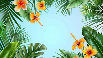 Naklejka premium Tropical frame with colorful hibiscus flowers and palm leaves isolated on a white background. The elements are detailed in vibrant shades of red and green, creating lively and fresh atmosphere. AIG53.