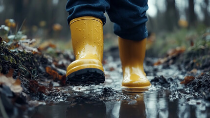 Child in yellow rain boots splashing through a muddy puddle on a rainy autumn day in the forest