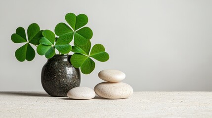 A small decorative vase with lucky green clover displayed beside stones