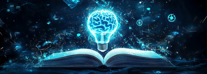 Fototapeta premium Futuristic Digital Brain Lightbulb Emerging from Open Book – Concept of Knowledge and Innovation