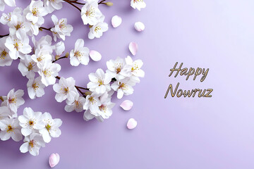Happy Nowruz Greeting Card with Blooming White Cherry Blossoms on Soft Purple Background