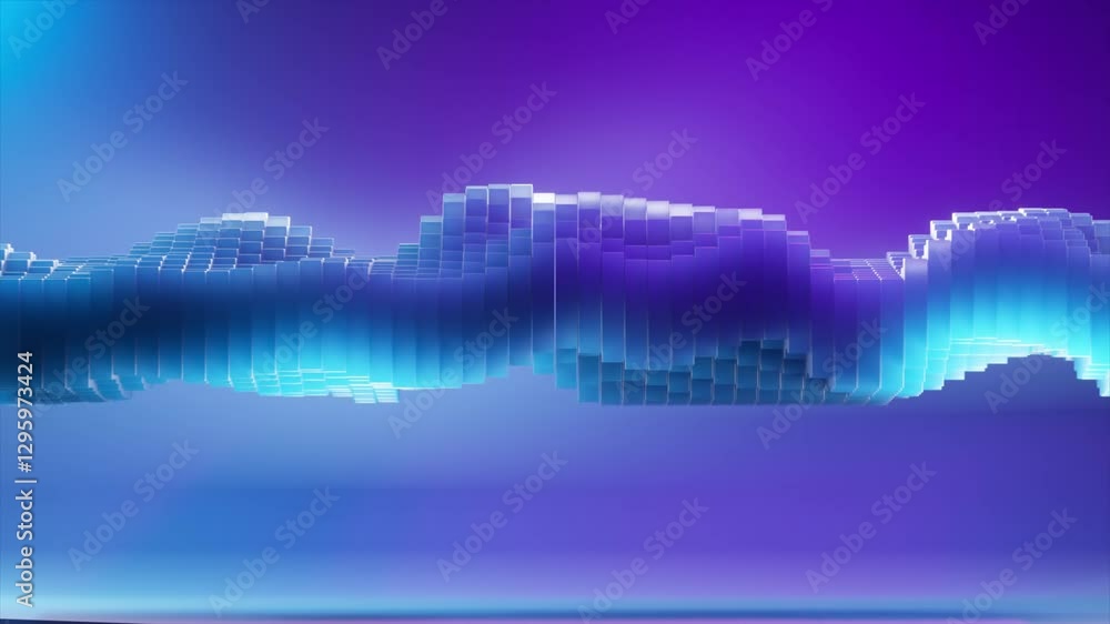 Poster geometric cubes forming dynamic wave shape morphing across vibrant gradient backgrounds, transitioni