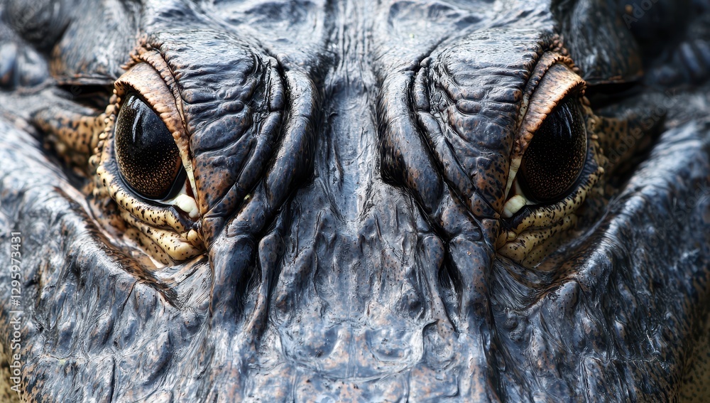 Poster close-up view of a crocodile's textured skin and intense eyes capturing the wild nature and intricat