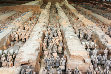 Corridors with ranks of terracotta soldiers. The Terracotta Army