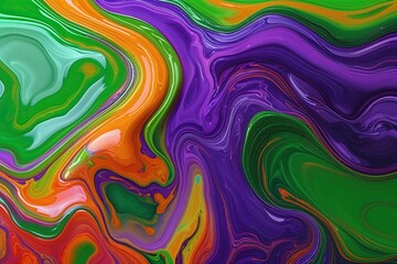 Obraz premium Colorful Fluid Background with Green Orange and Purple Swirls Shimmering Texture Design