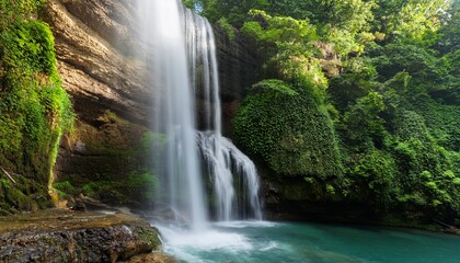 Fototapeta premium A close-up of a cliffside waterfall, with the clear water falling over the edge and splashing into the pool below, capturing the motion and natural beauty. 