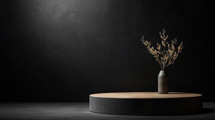 Fototapeta premium A vase of flowers sits on a round pedestal in a dark room